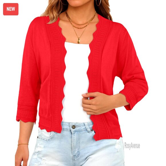 Lightweight Cropped Cardigan 3/4 Sleeve Open Front Scalloped Trim Knit Bolero